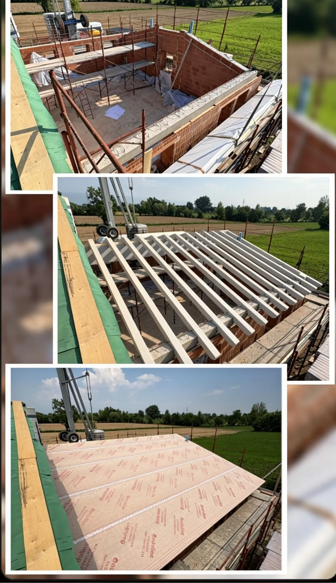 Le fasi del rifacimento di un tetto: solaio pronto, posa delle travi in legno e stesura dei pannelli di copertura, cantiere GSM in provincia di Vicenza