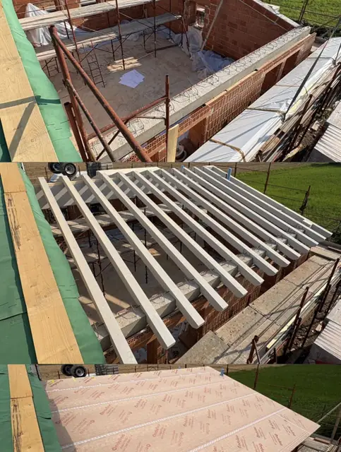Fasi di rifacimento di un tetto in legno: travi, isolamento e copertura, cantiere GSM a Vicenza